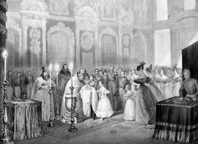 Dåb af storhertug Nicolas (fremtidige Nicholas 1.) - gravering af Unknown artist