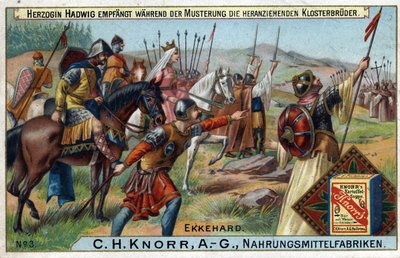 Barbarinvasioner - Under gennemgangen af tropperne modtager hertuginde Hadwig munkene, der nærmer sig i baggrunden. af Unknown artist