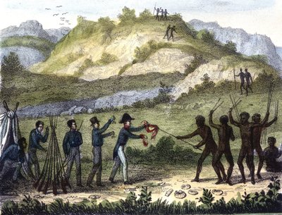 Byttebytte mellem de indfødte og vesterlændingene efter "" Razze e popoli della Terra", tidligt i det 19. århundrede. af Unknown artist