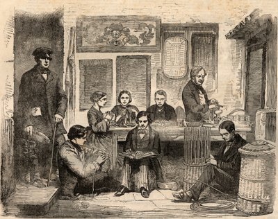 Kurve- og læseværksted for blinde placeret på Euston Road i London og organiseret af Association for Promoting the General Welfare of the Blind, en forening, der skal hjælpe blinde med at finde arbejde. Indgravering i "" The illustrated London News "" af 2 af Unknown artist