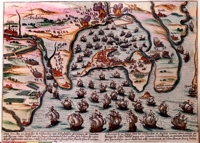 Battle Plan of Cales Males (Spanien) den 30. juni 1596. Den hollandske og engelske hærs flåde går ind som venner ved Cales Males med 180 skibe. Næste dag 1. juli, overrasket af forræderi, måtte de forlade byen med skam. Gravering af Unknown artist