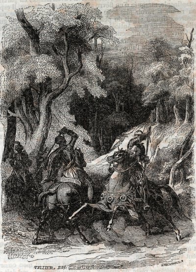 Slaget mellem Roland og Ferragus - indgravering af 1851 fra "" Furious Roland"" (Orlando furioso) (1500-tallet) af Ludovico Ariosto, kendt som Ariosta - Udgave oversat fra italiensk af greven af Tressan og udgivet af Gustave Harvard 1851 af Unknown artist