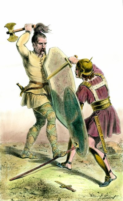 Kamp mellem en Franc-soldat og en romersk soldat. 1800-tals gravering privat samling af Unknown artist