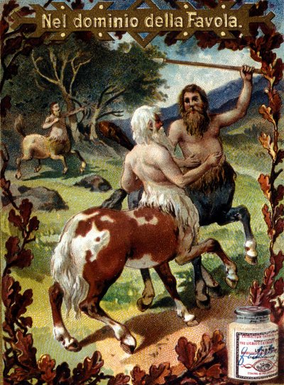 Kamp mellem kentaurer. Annoncevignet. kromolitografi fra slutningen af det 19. århundrede. af Unknown artist