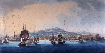 Kamp i Genes Harbour mellem franske og engelske skibe. Andre Massena leder Genes hovedkvarter. Anonymt maleri fra det 19. århundrede. Museo Navale de Genova Pegli. af Unknown artist