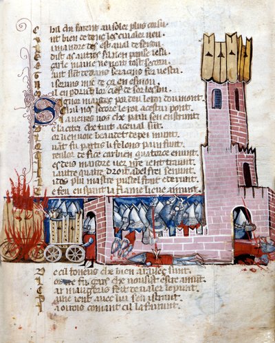 Kamp i et slot. Tankene er i brand. Manuskript fra 1200-tallet. Marciana Venedig. af Unknown artist