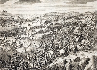 Slaget ved Gembloux (1578) (Slaget ved Gembloux) Spansk hær mod hæren af 16 af de sytten provinser i Holland - indgravering i "Histoire De La Guerre Des Paisles-Bas" af Famiano Strada (1572-1649) af Unknown artist