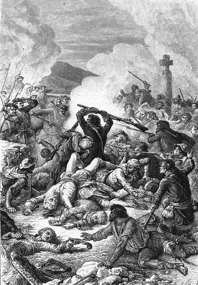 Slaget ved Ponte Novu på Korsika mellem fransk hær ledet af Comte de Vaux og korsikanske tropper fra Pasquale Paoli, 9. maj 1769. 19. århundrede (gravering) af Unknown artist