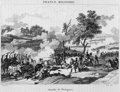 Slaget ved Wattignies: Jourdan og Carnot vandt sejren for at låse op for byen Maubeuge belejret af østrigerne, oktober 1793. Indgravering af det 19. århundrede. af Unknown artist