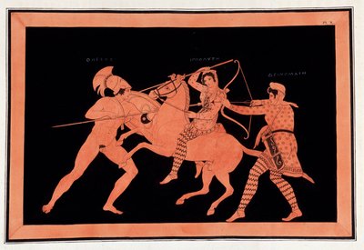 Slaget om Amazonerne Hyppolyte og Deinomache mod Thesee - "" Malerier af gamle vaser, almindeligvis kaldet etrusker", fra forskellige samlinger og indgraveret af A. Clener, ledsaget af forklaringer af A.L. Millen. Af Dubois-Maisonneuve. Maiso bibliotek af Unknown artist