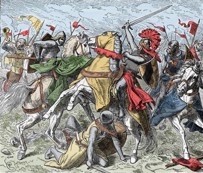 Battle on the Elster: Rudolf of Swabia Mortally Wounded - Revolt of the Saxons (1073-1075): Rodolph of Rheinfelden (ca. 1025-1080), hertug of Swabia og antiking af romerne bliver dødeligt såret i et slag nær Elster, mod tropperne af Henrik IV af af Unknown artist