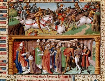 Kampscene og kroning af kejser Lothary II af Supplinburg (1075-1137) Miniature i "" Det historiske spejl"" (Speculum Historiale) (ms. 1196 fol. 245 r.) af Vincent de Beauvais (11. af Unknown artist