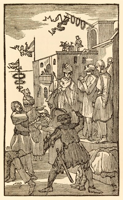 Se Vanity Fair! fra The Pilgrims Progress From This World, To That What Is To Come af John Bunyan (1628-1688) Christian går ind i byen Vanity Fair og ser andre pilgrimme i lænker. af Unknown