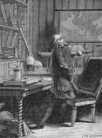 Benjamin Franklin i sit fysiklaboratorium i Philadelphia. I "Album of Science"", Editions Jouvet af Unknown artist