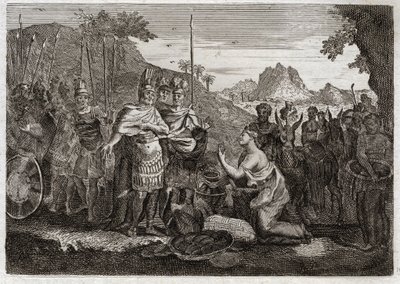 Bible of Royaumont, Gamle Testamente: Abigail. Abigail, Nabals kone, dulmer Davids vrede med sin visdom. Illustration fra 1811. af Unknown artist