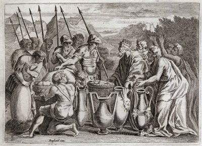 Bible of Royaumont, Gamle Testamente: Abraham udfrier Loth. Abraham redder sin nevø Loth fra fjendernes hænder. Ypperstepræsten Melkisedek (Melkisedek eller Melkisedek eller Melkisedek eller Melkisedek eller Melkisedek) benit. Kongen af ​​Sodoma tilbød ham af Unknown artist