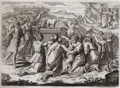 Bible of Royaumont, Gamle Testamente: Tilbedelse af den gyldne kalv. Da Moses så hebræerne og guldkalven, bryder han lovens tavler. Illustration fra 1811. af Unknown artist