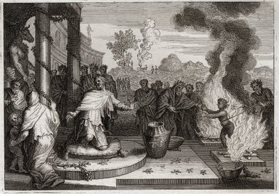 Bible of Royaumont, Gamle Testamente: Ahaz Unholy King. Den onde Ahaz, Judas konge, irriterer Gud og bliver overgivet til fjenderne. Illustration fra 1811. af Unknown artist