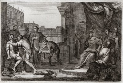 Bible of Royaumont, Gamle Testamente: Davids ambassadører. David sendte Joab mod ammonitterne for at hævne sig for den fornærmelse, som deres fyrste Hanon havde gjort mod sine ambassadører, som han havde taget som spioner. Illustration fra 1811. af Unknown artist