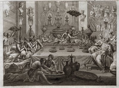 Bible of Royaumont, Gamle Testamente: Balthazar fordømmer. Kong Balthazar (Belshatsar) ved bordet ser en hånd, der med tre ord skriver slutningen af sin sætning. Illustration fra 1811. af Unknown artist