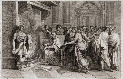 Bible of Royaumont, Gamle Testamente: Baruch profet. Kong Joachim (Joakim, Joachin, Jechonias) skærer rullen, der indeholder Jeremias