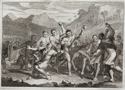 Bible of Royaumont, Gamle Testamente: Blasphemator Lapide. Gud gør sten til en spotter af sit hellige navn, og en anden, der overtrådte den hellige sabbat (sabbat, sabbat, sabbat, sabbat, sabbat), og samlede nogle strå på marken. Illustration fra 1811. af Unknown artist