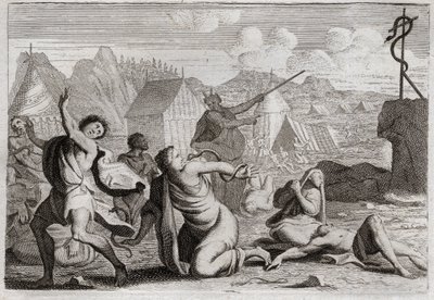 Bible of Royaumont, Gamle Testamente: Brasen Snake. Folket, der knurrer mod Gud og mod Moses, bliver straffet med ildslanger; hvorfra de blev såret af en slange af kobber, som Moses havde oprejst for at blive set fra hele folket. Illustration af Unknown artist