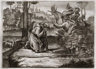 Bible of Royaumont, Gamle Testamente: Burning Bush. Gud taler til Moses midt i en brændende tornebusk. Illustration fra 1811. af Unknown artist