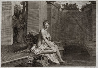 Bible of Royaumont, Gamle Testamente: Kyskhed af Suzanne. To ældste, Judges of the People, pletter for at korrumpere Chastete Suzanne, mens hun var alene i sin have og tog et bad. Illustration fra 1811. af Unknown artist