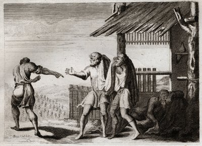 Bible of Royaumont, Gamle Testamente: Forbandet Cham af hans Fader (Noe drukkenskab). Cham, den anden af Noes børn, ser sin far i en uanstændig kropsholdning, er ligeglad og er forbandet over ham. Illustration fra 1811. af Unknown artist
