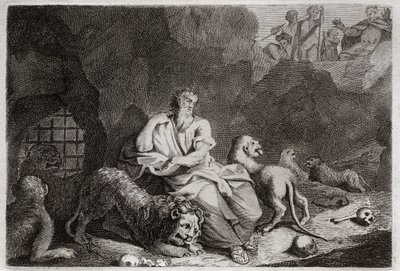 Bible of Royaumont, Det Gamle Testamente: Daniel i Løvegraven. Daniel bliver sat i Lions pit, og er mirakuløst beruset. Illustration fra 1811. af Unknown artist