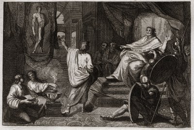 Bible of Royaumont, Gamle Testamente: Daniel profet. Profeten Daniel åbenbarer for kong Nebukadnezar II en drøm, han havde, og forklarer ham, hvad han mente. Illustration fra 1811. af Unknown artist