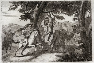 Bible of Royaumont, Gamle Testamente: Absaloms død. Absalom (eller Avshalom, Absalom), der flygter fra kamp, bliver fanget af håret har en eg, eller Joab gennemborer ham hjertet af tre darter. Illustration fra 1811. af Unknown artist