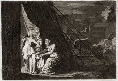 Bible of Royaumont, Det Gamle Testamente: Holofernes død. Judith skærer Holofernes hoved, hjulpet af tjenestepigen Abra, og delberusede Bethulie. Illustration fra 1811. af Unknown artist