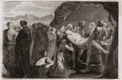 Bible of Royaumont, Gamle Testamente: Saras død. Sara (Sarah) dør. Abraham for at begrave ham købte en grav fra byen Get. Illustration fra 1811. af Unknown artist
