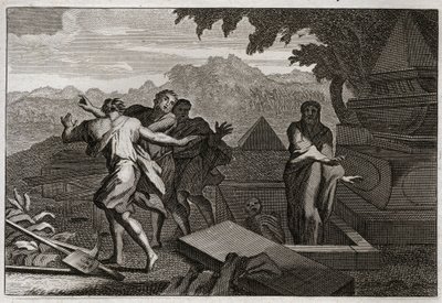 Bible of Royaumont, Gamle Testamente: Døden stiger. En død mand blev ved et tilfælde tabt ved Elisees grav, og han genopstod ved at røre ved hans knogler. Illustration fra 1811. af Unknown artist