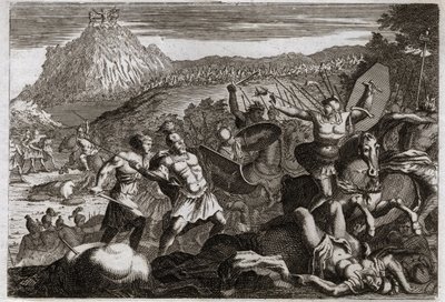 Bible of Royaumont, Gamle Testamente: Nederlag for Amalec (Amalek). Moses vandt sejren over amalekiterne ved at holde sine hænder højt i himlen. Illustration fra 1811. af Unknown artist