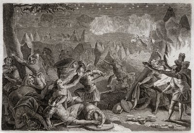 Bible of Royaumont, Det Gamle Testamente: Midjanitternes nederlag ved lyden af trompeterne og ved lampernes lys. Illustration fra 1811. af Unknown artist