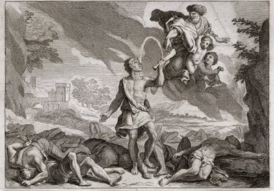Bible of Royaumont, Det Gamle Testamente: Filisternes nederlag. Samson dræber tusind filister med et æselkæbe. Gud får vand til at strømme ud af kæben, så Samson kan slukke sin tørst. Illustration fra 1811. af Unknown artist