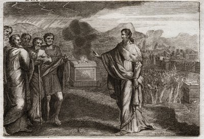 Bible of Royaumont, Det Gamle Testamente: Filisternes nederlag. Samuel tilbyder et holocaust til Gud. Så forsvarer jøderne filistrene. Illustration fra 1811. af Unknown artist