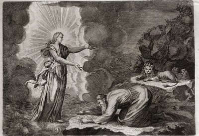 Bible of Royaumont, Gamle Testamente: Daniels befrielse. Daniel, i løvehulen, er mirakuløst fuld. Illustration fra 1811. af Unknown artist