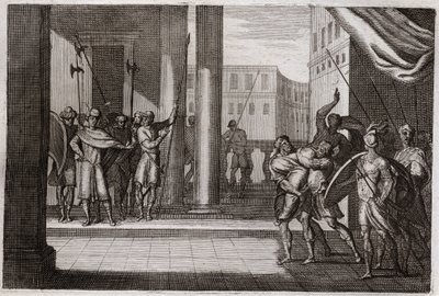 Bible of Royaumont, Det Gamle Testamente: Dina gik ud af nysgerrighed for at se kvinderne i Sikem (eller Sikem), og kongen af den by havde gjort ham til vold, hans brødre tog hævn og dræbte alle Sikems folk med kongen. Illustration fra 1811. af Unknown artist