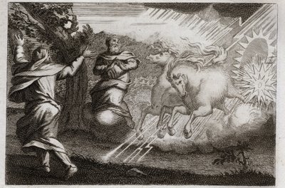 Bible of Royaumont, Det Gamle Testamente: Elias er glad i himlen. Elias bliver taget til himlen i en ildvogn i nærværelse af sin discipel. Elisea modtager fra ham sit dobbelte sind: han deler Jordans vand med Elias