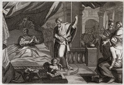 Bible of Royaumont, Det Gamle Testamente: Ezechias modtager helbred. Kong Ezechias var syg ved døden, fik helbred og yderligere femten leveår. Profeten Esajas (Esajas) annoncerer sin krig: tegnet vil være at skubbe urets skygge ti grader tilbage af Unknown artist
