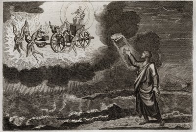 Bible of Royaumont, Gamle Testamente: Ezekiel profet. Sankt Profet havde et syn, hvor Herren viste sig for ham på en vogn, båret af fire kerubiner (tetramorf). Illustration fra 1811. af Unknown artist