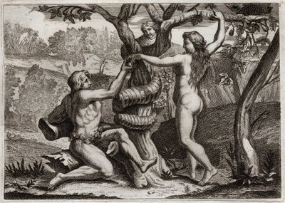 Bible of Royaumont, Gamle Testamente: Adams fald. Dæmonen under ansigtet på en slange taler til Eva, og teltet til at spise forbudt frugt: Eva falder og får også Adam til at falde. Illustration fra 1811. af Unknown artist