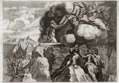 Bible of Royaumont, Det Gamle Testamente: Lovens første tabeller. Gud giver loven til sit folk på Sinajbjerget. Moses modtager de 10 bud fra Guds hænder. Illustration fra 1811. af Unknown artist