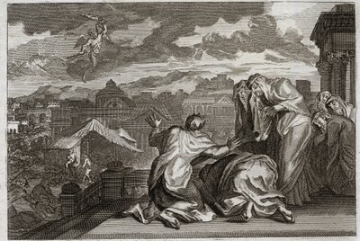 Bible of Royaumont, Gamle Testamente: Fleau of the Pest. Og da David gjorde skyggen af hele sit folk ved en forfængelig bevægelse, plager Gud sit rige med en pest, som tager halvfjerds tusinde mand på tre dage. Illustration fra 1811. af Unknown artist