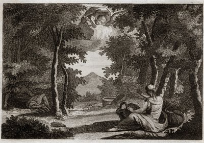 Bible of Royaumont, Det Gamle Testamente: Agarflugt. Agar (Hagar) rejser sagen Sara (Sarah) hans elskerinde. Sara snakker hårdt om sin uforskammethed. Agar kan ikke lide hende og flygtede fra huset i ørkenen, eller en engel taler med hende for at bringe he af Unknown artist