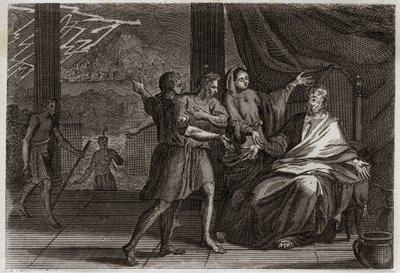 Bible of Royaumont, Gamle Testamente: Jobs venner. Job i stedet for at blive trøstet af tre prinser, modtog hans venner, der kommer for at se ham, kun sorg, fordi de ville få ham til at se skyldig ud. Illustration fra 1811. af Unknown artist